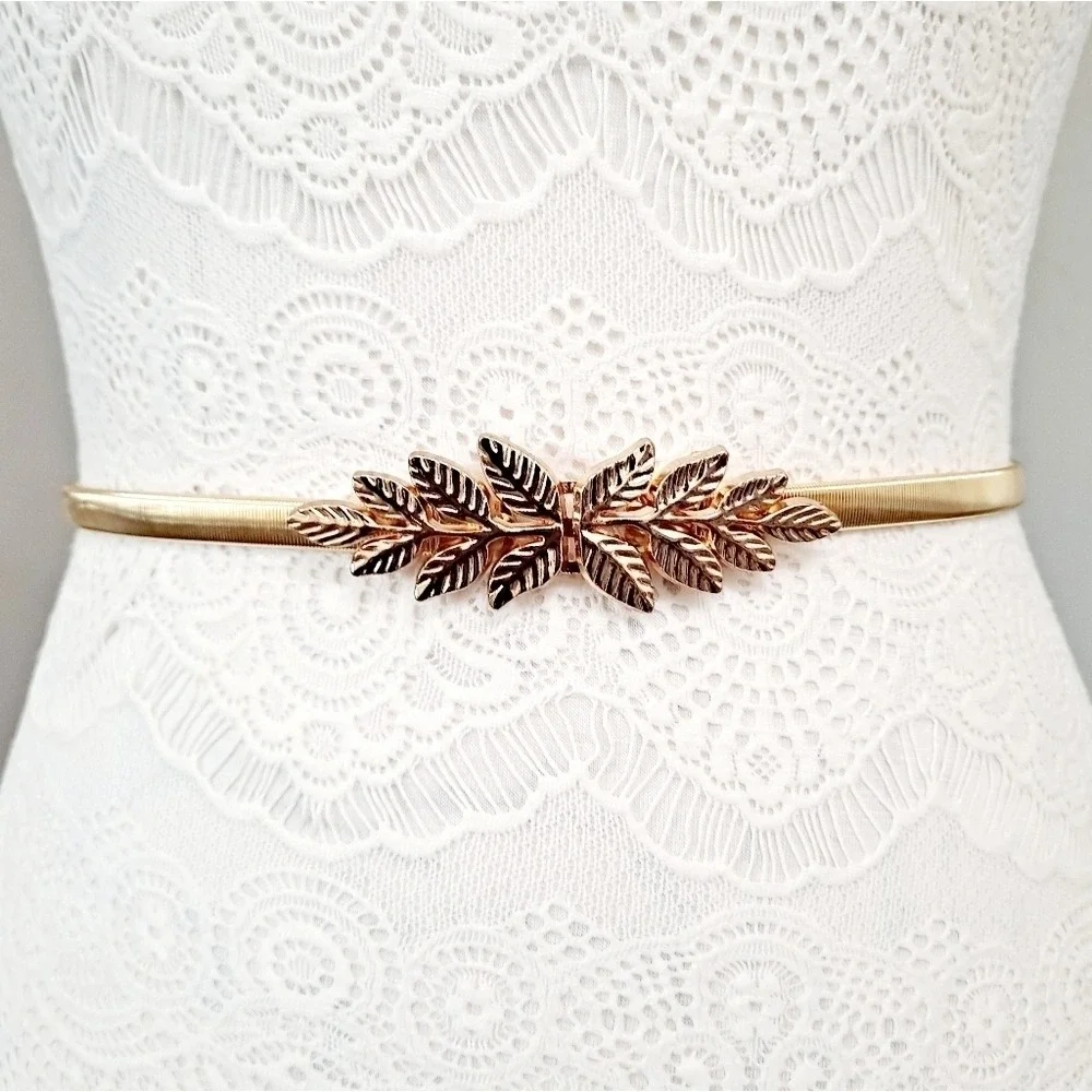 Gold metal snake stretch skinny waist belt leaf buckle Formal wedding event